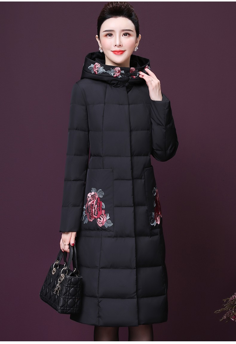 dafy品牌羽绒服女中长款2020冬季新款个性刺绣加厚防寒外套女(保养1-5