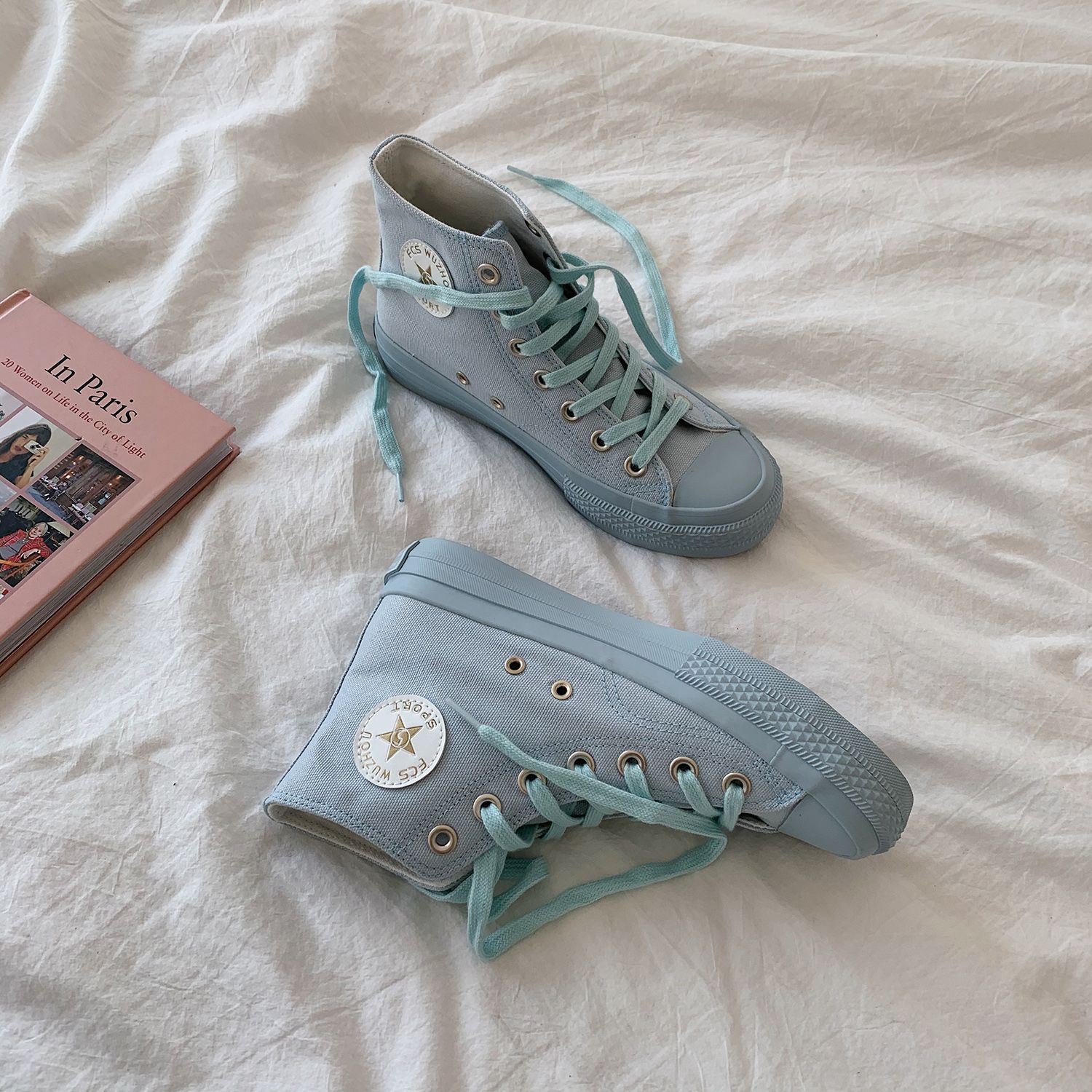 尗卡马卡龙帆布鞋女2020新款韩版高帮鞋子港风ins潮百搭学生板鞋