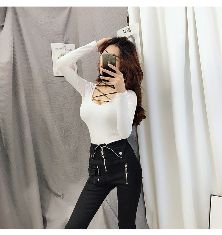 锐倪性感低胸绑带小心机露脐上衣女春新款纯色修身百搭打底衫长袖t恤