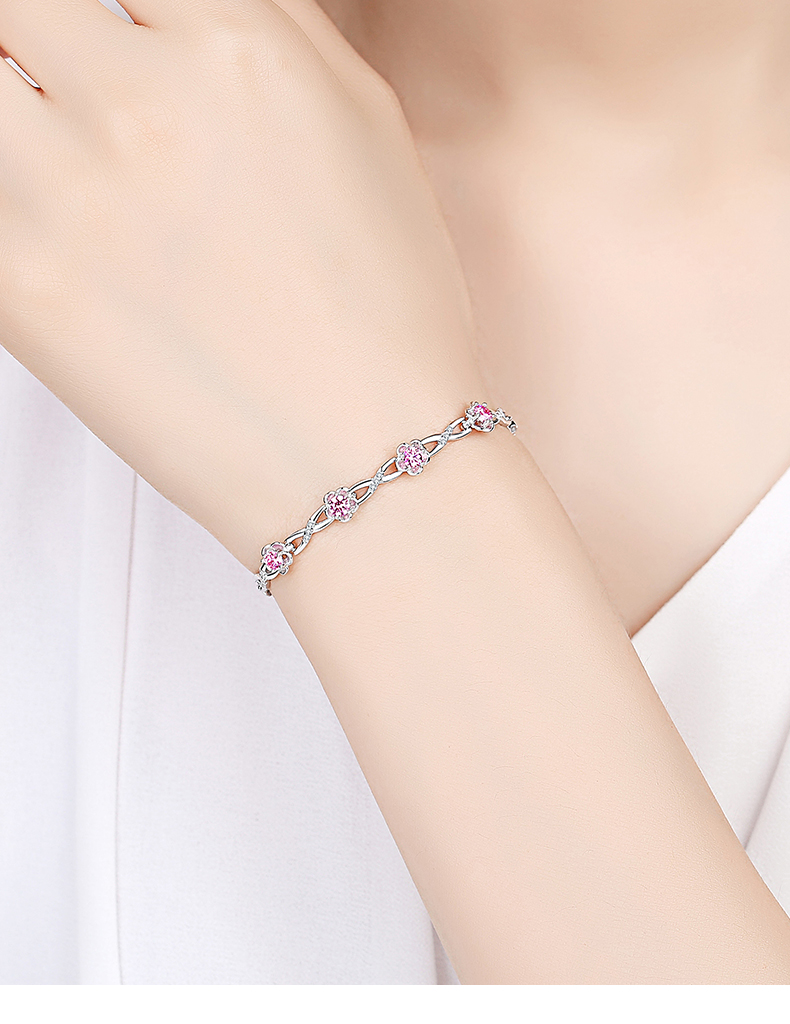 樱花手链女纯银粉色浪漫锆石时尚手镯生日送女友送闺蜜手饰品 jimi