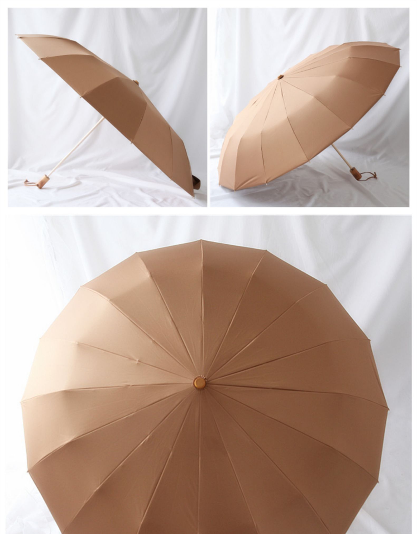 封后遮阳伞木柄复古风16骨金色不透光彩胶太阳伞三折叠晴雨伞两用