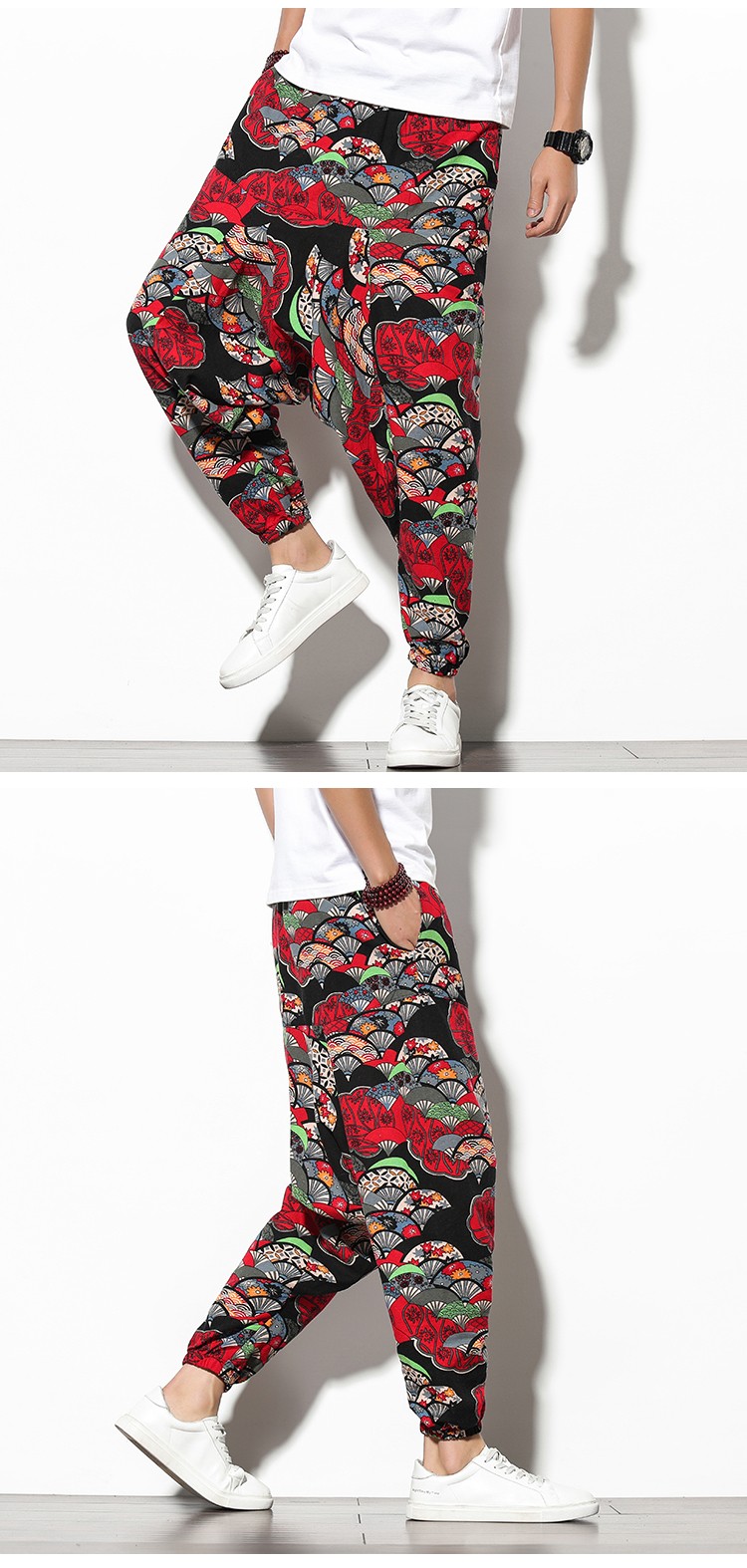 富贵鸟裤子男花纹潮款印花勾勾裤哈伦裤亚麻蚊裤男阔腿裤2021中国风大