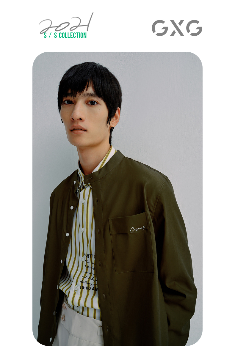 gxg男装 原色系列2021春季绿色字母刺绣衬衫外套男衬衣上衣