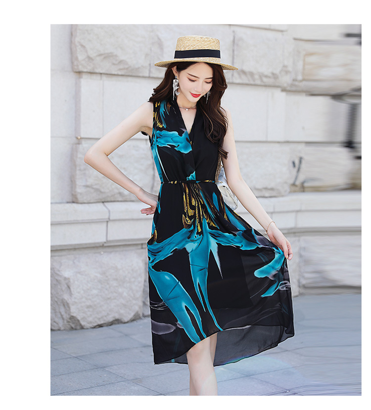 丝柏舍2019女装夏装印花无袖飘逸下摆中长款连衣裙s82r2181l