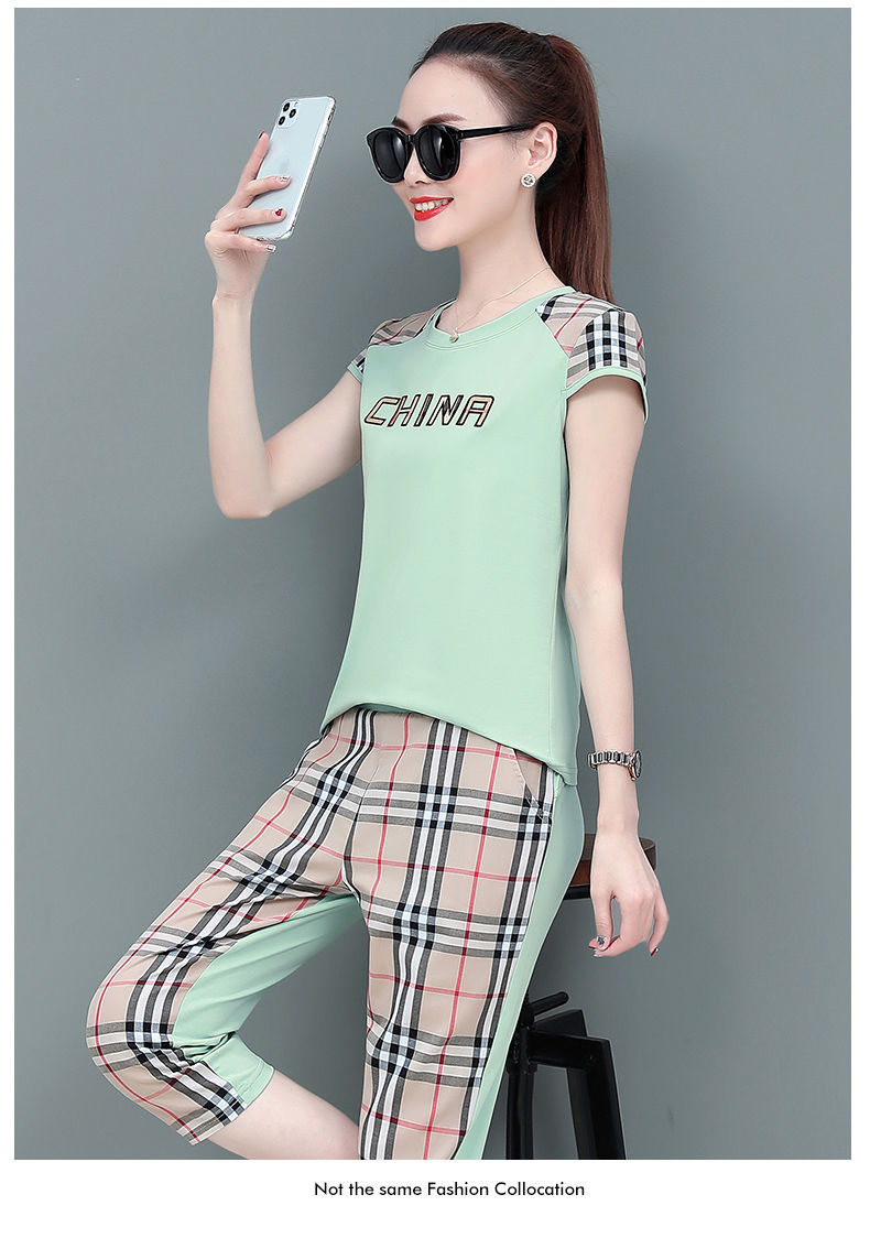 白织鸟运动休闲套装女夏天新款时尚韩版拼接宽松短袖七分裤两件套潮