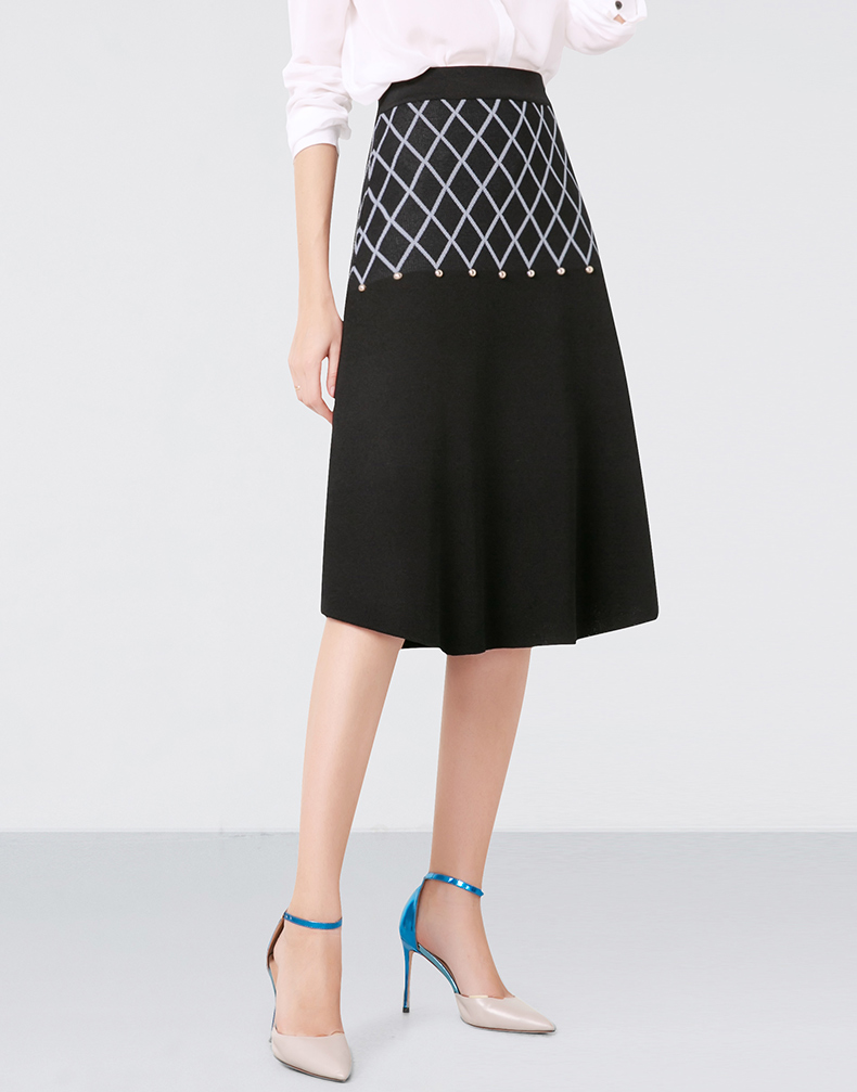 晚白2019秋季新品优雅百搭格子高腰修身显瘦a字及膝针织半身裙女