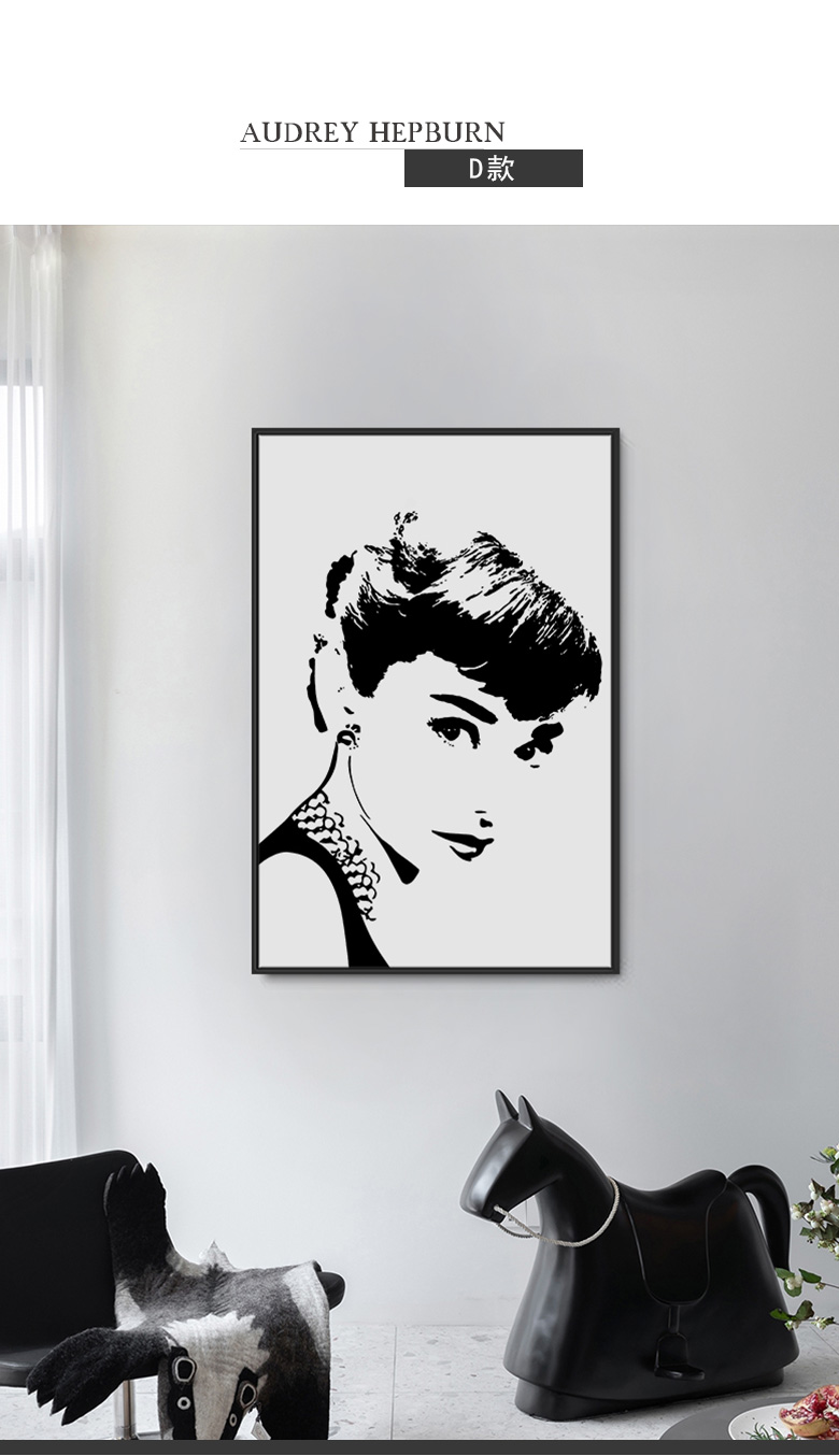 赫本剪影海报餐厅墙壁画客厅装饰画院服装咖啡店黑白挂画美女b款6090