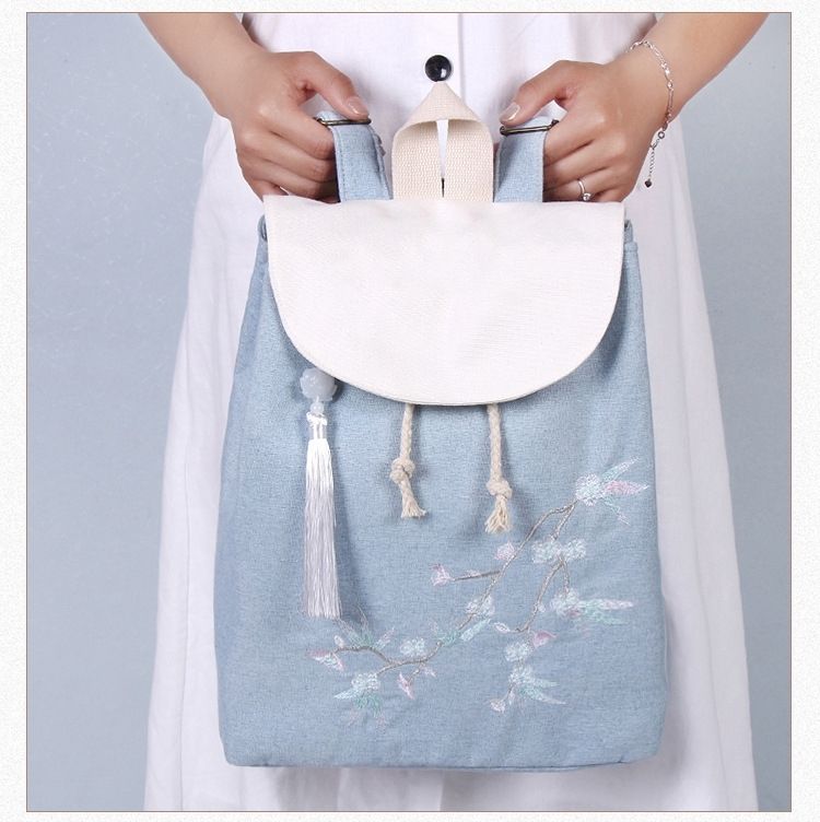 古风书包女复古中国风文艺双肩包背包学生书包民族风双肩包浅蓝送莲花