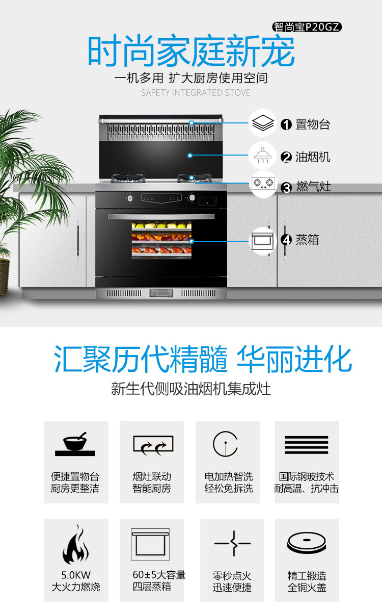 板川sakaco智尚宝p20gz集成灶蒸箱款50火力置物台侧吸下排式一体灶油