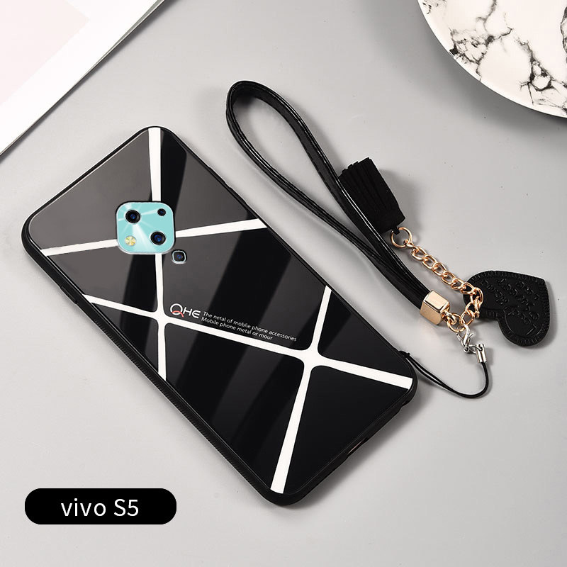 vivos5手机壳女网红情侣简约格子玻璃壳vivo男防摔全包软硅胶保护套s5