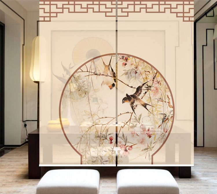 新中国风水墨拉窗帘挂式屏风隔断玄关帘古典客厅卧室遮光卷帘