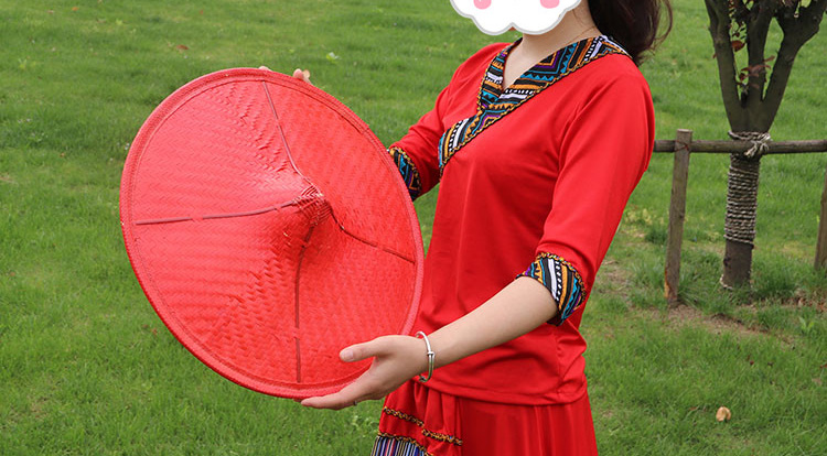 new lake少数民族舞蹈帽子女表演道具竹编斗笠红色花腰傣族节目六一