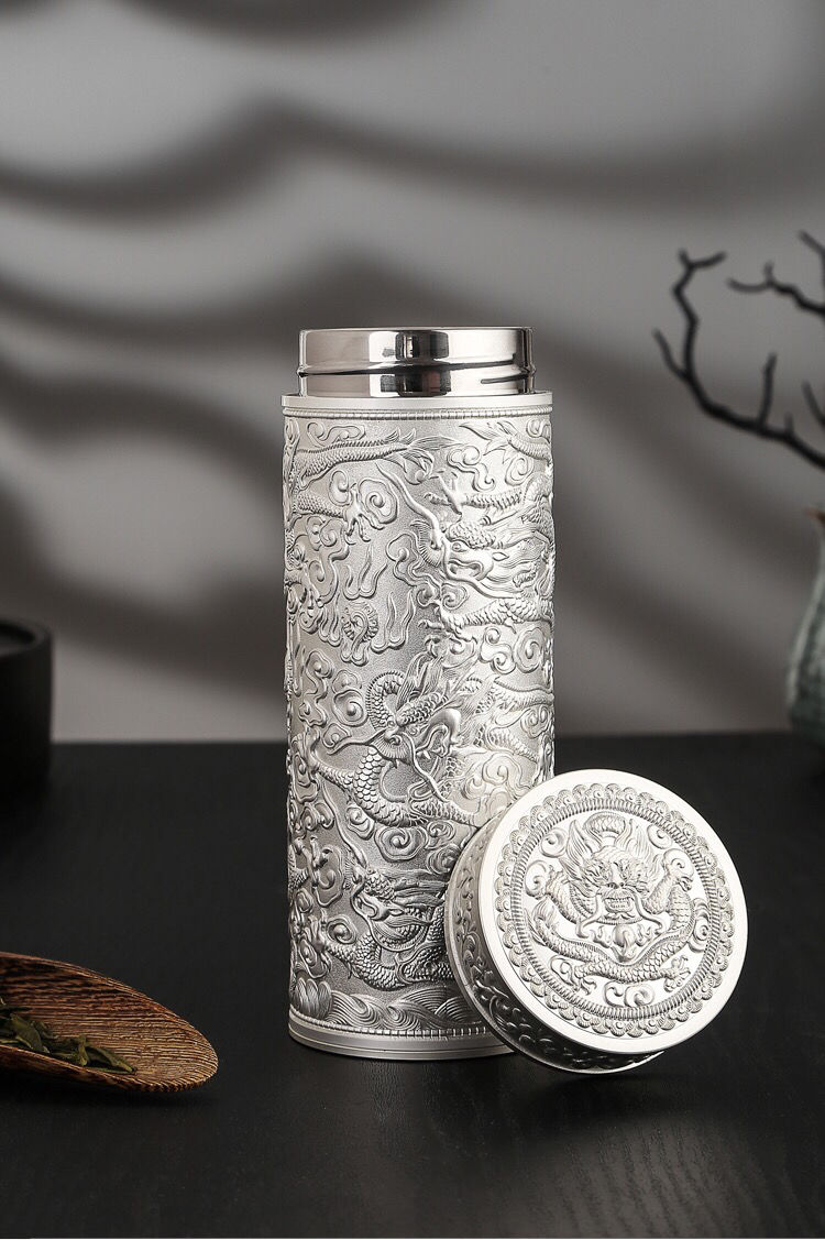 礼品 九龙献瑞银杯 s999银杯内胆雪花银养身保温杯足银【价格 图片