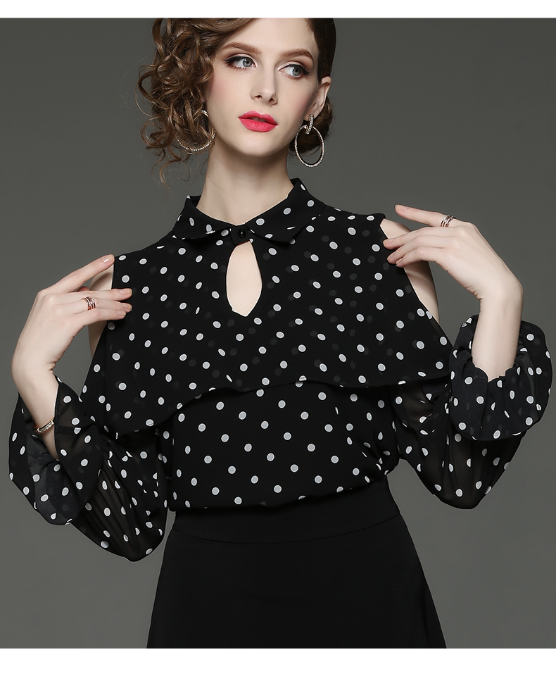 复古露肩小衫女时尚黑色波点上衣2019夏季新款荷叶边雪纺衬衫