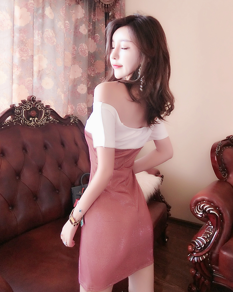 孜牧夜店女装低胸一字领露肩性感抹胸开叉包臀闪闪礼服连衣裙秋冬新款