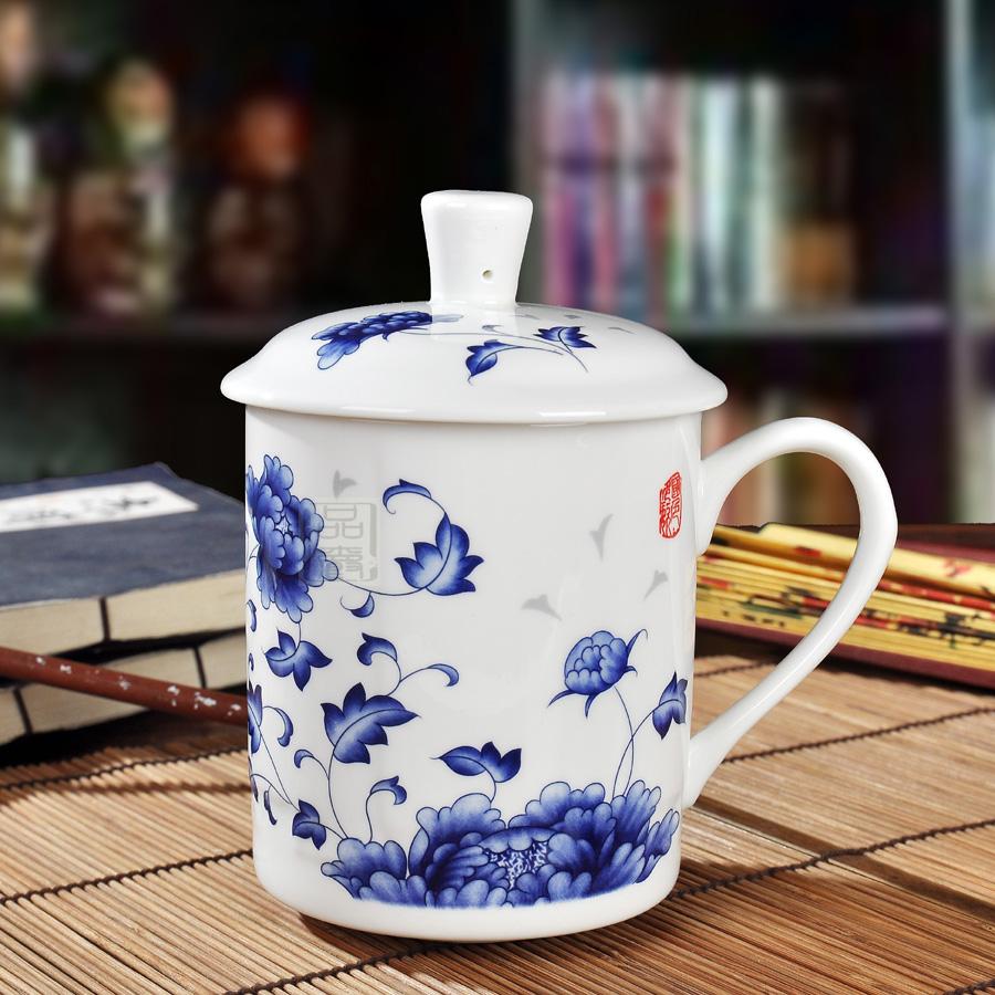 景德镇茶杯陶瓷带盖大号骨瓷茶杯会议杯 水杯子青花茶具 青花吉祥如意