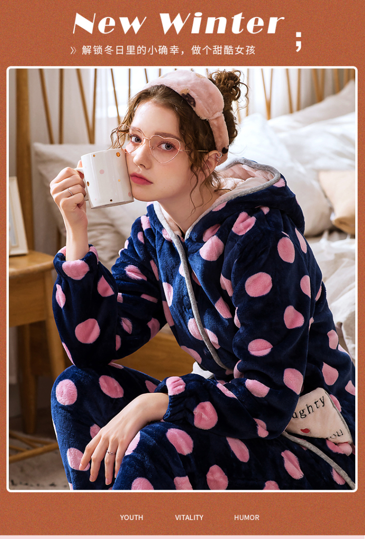 芬腾秋冬新款韩版珊瑚绒睡衣女连帽长袖可爱圆点法兰
