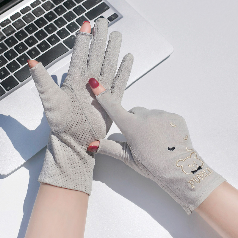 夏季露指防晒手套女士春秋薄款弹力纯棉骑车防滑短款开车