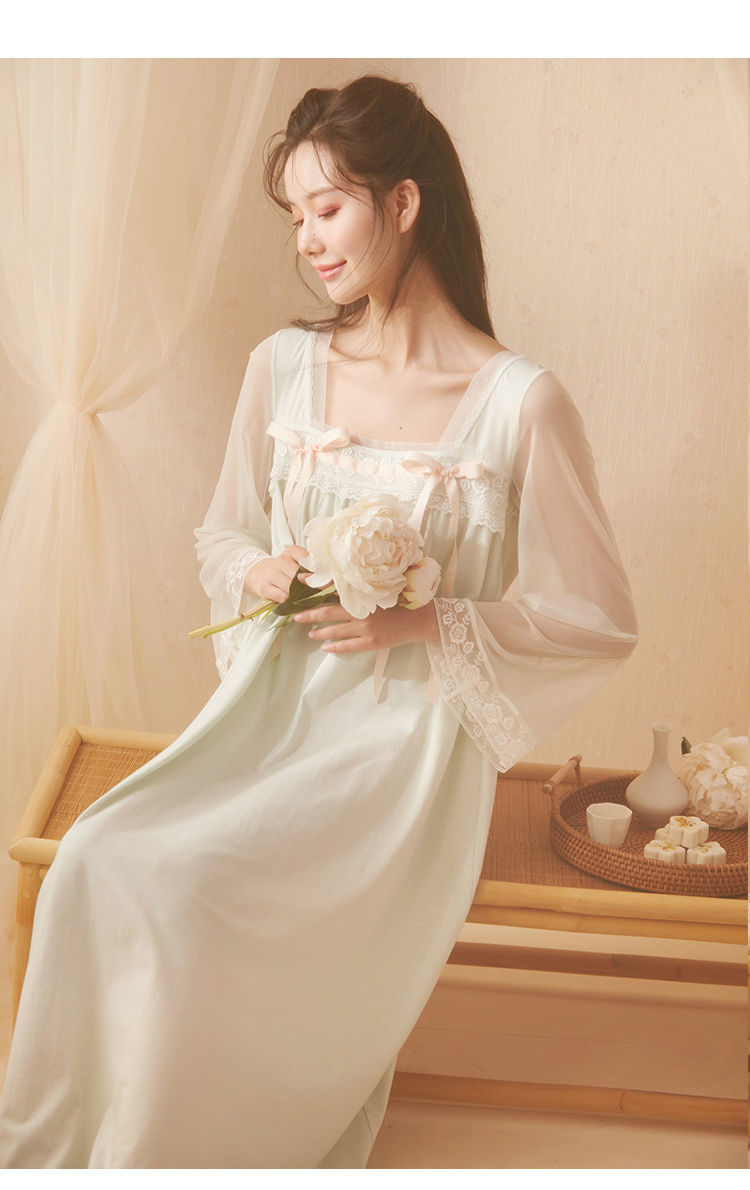 宫廷风汉服睡裙女春秋薄款长袖古风国风齐胸襦裙方领可爱仙女睡衣浅