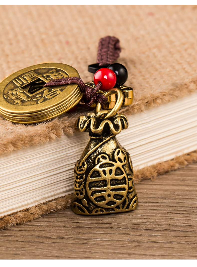 方形钱袋子黄铜小钱袋汽车钥匙扣挂件复古手工编织五帝钱挂绳吊坠包包