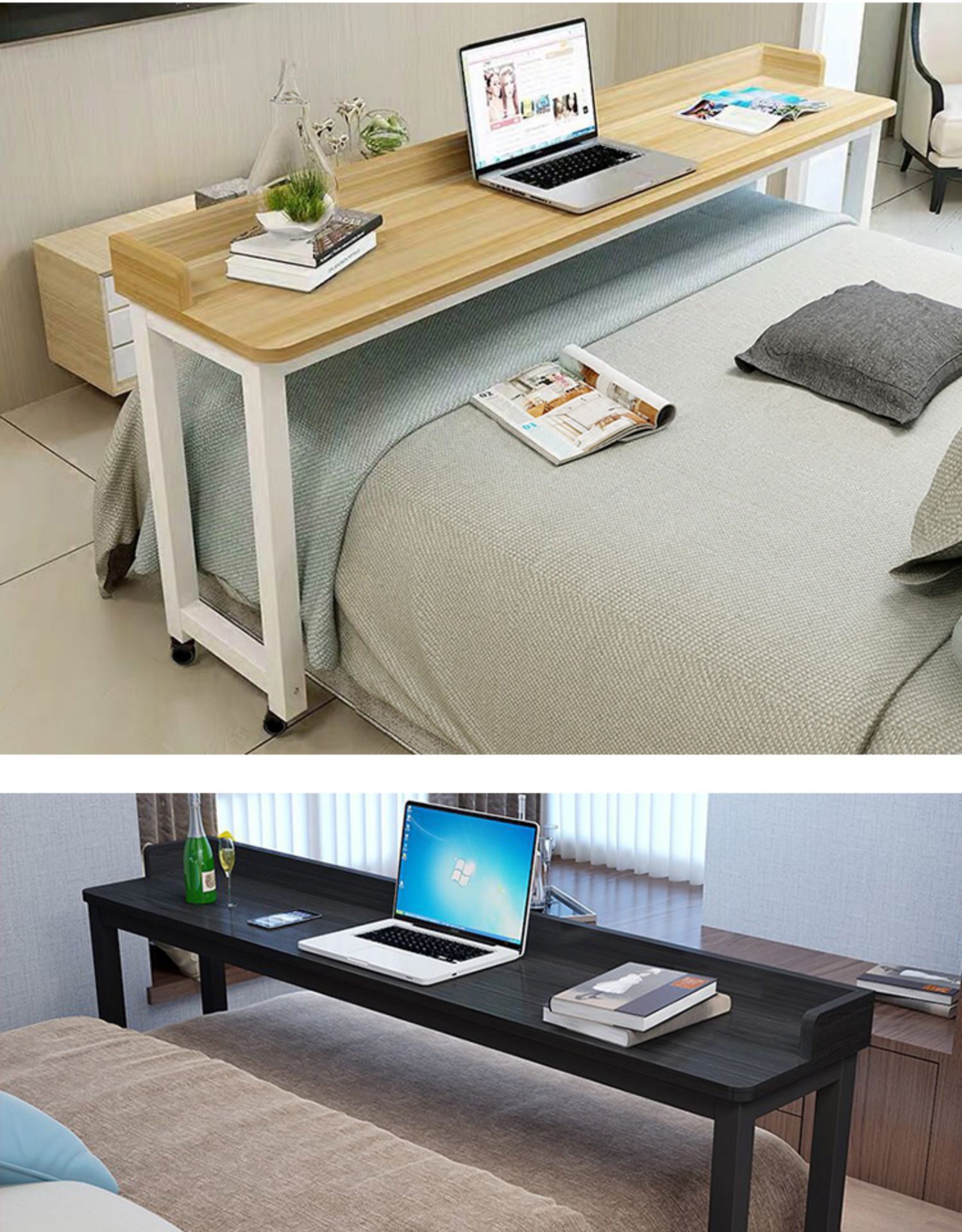 长方形跨床桌可移动多功能双人床边桌长条桌台式电脑懒人床上书桌(新)