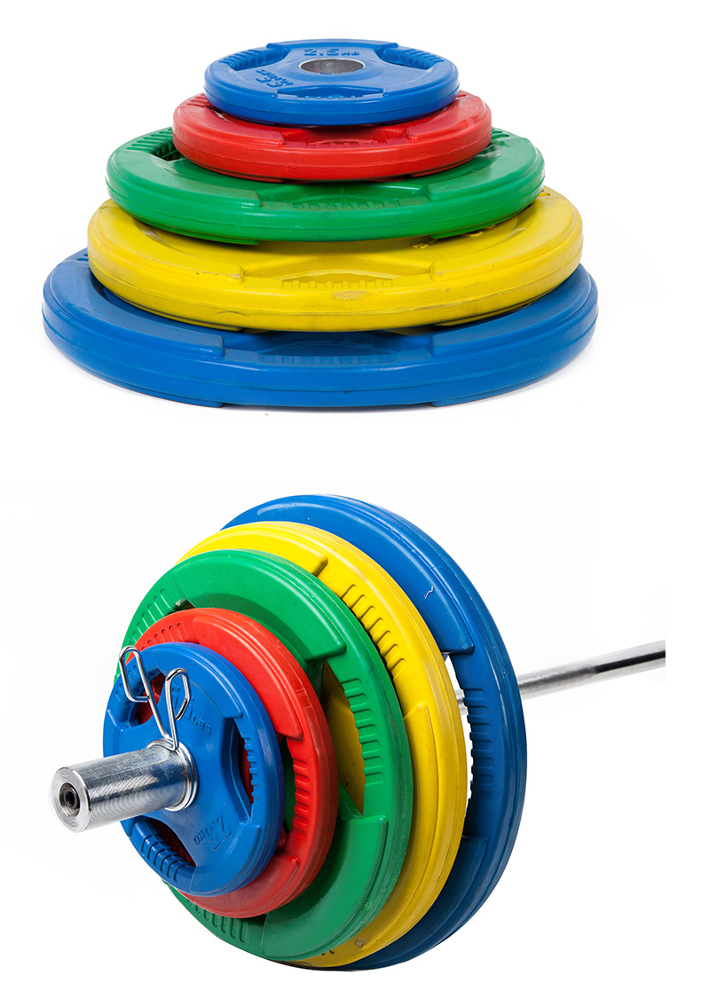 健身房彩胶杠铃片手抓包铁片大孔奥杆举重深蹲健身练臂肌环保杠铃