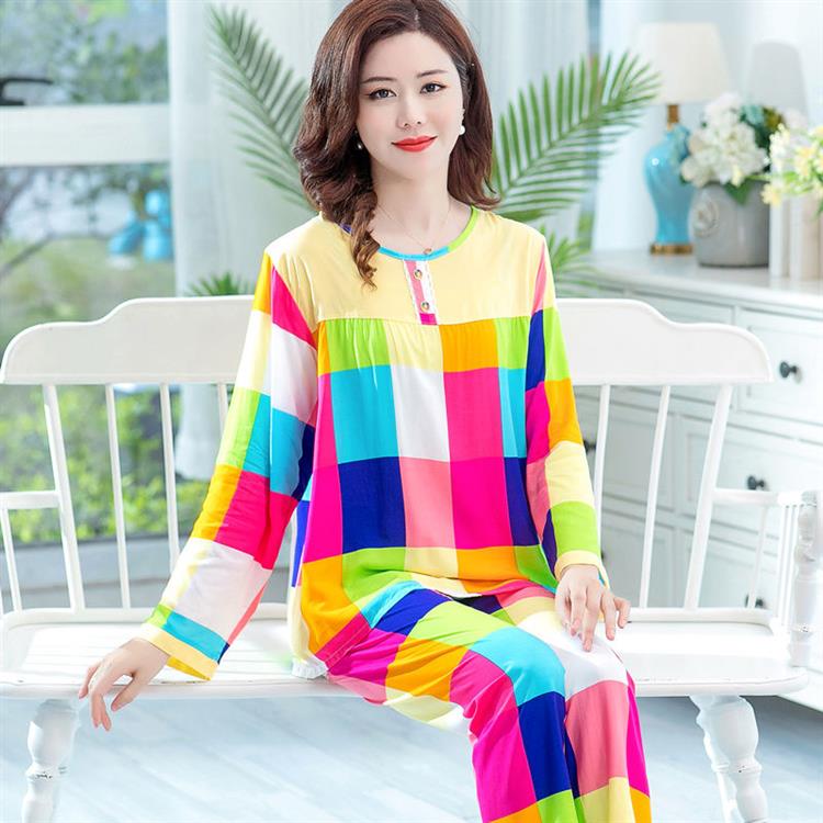 新品春季夏天薄款棉绸女士长袖睡衣套装人造棉透气中青年家居服