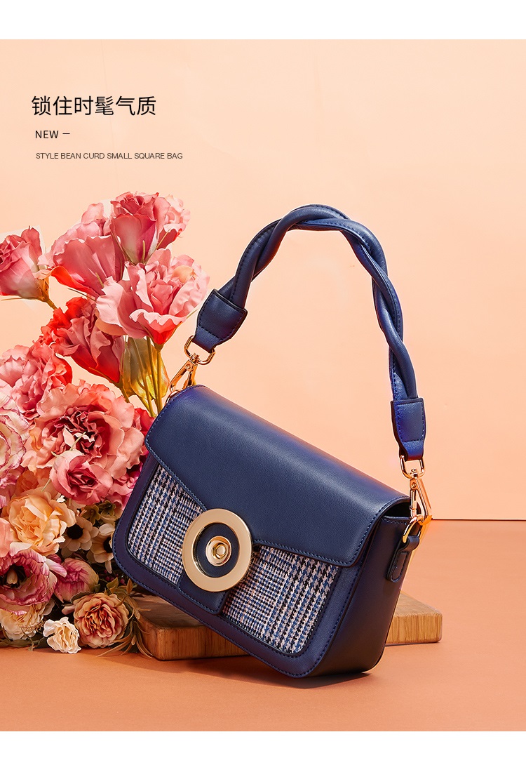 马克华菲麻花手提小方包新款真牛皮包包格纹单肩斜挎包手提包女包