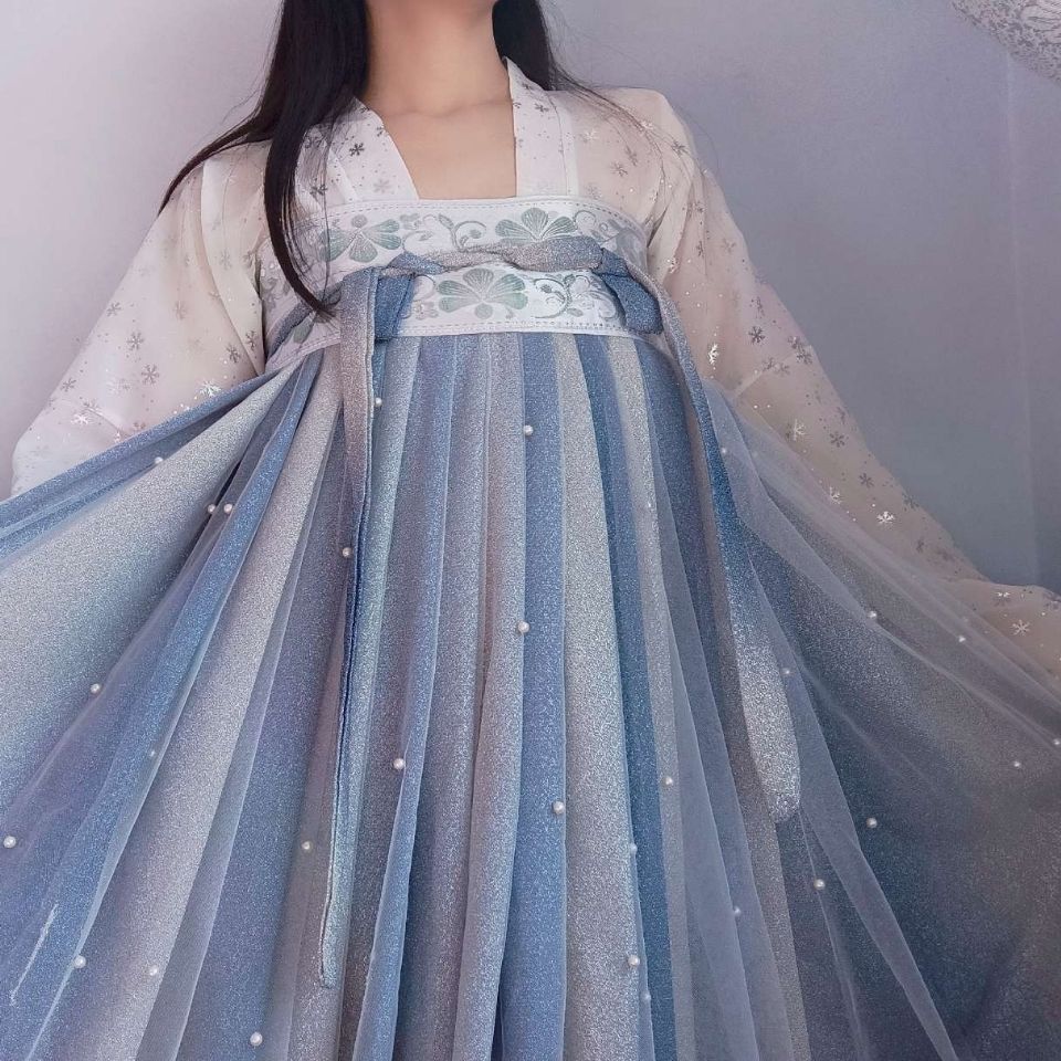 汉服女装襦裙仙女裙中国风学生曲玉月魄汉服女烫银钉珠亮丝渐变间色
