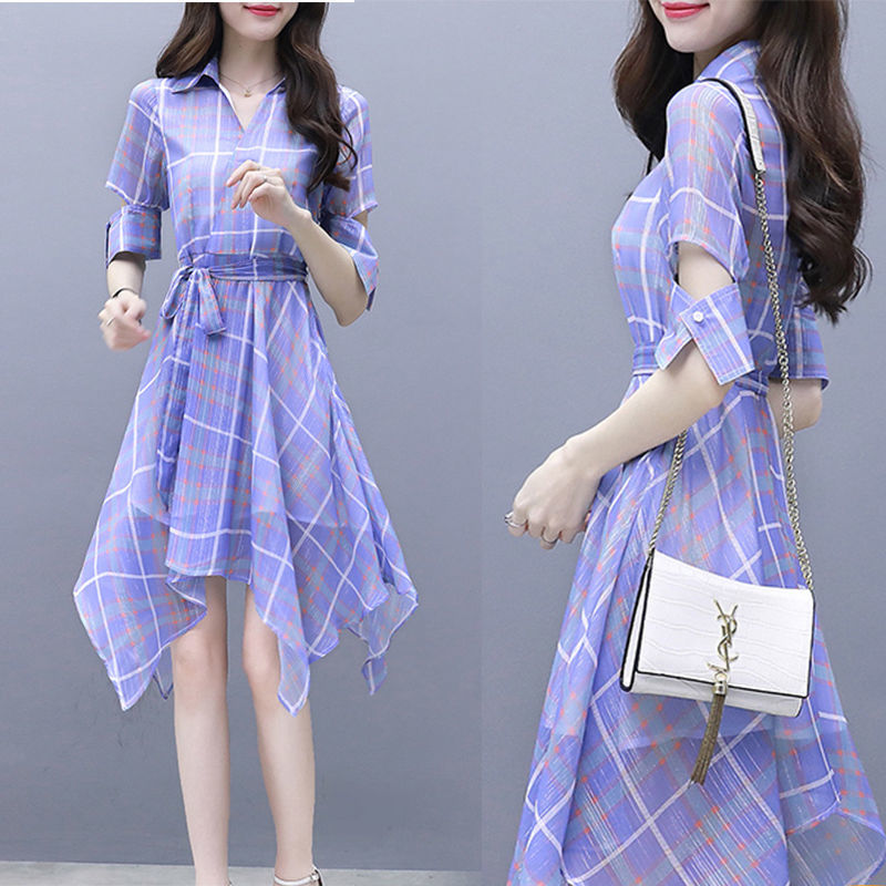 2021流行格子印花雪纺连衣裙女夏装新款韩版气质修身中长款收腰裙蓝色