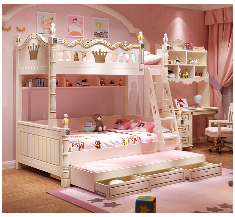 床上下床女孩公主高低床实木子母两层上下铺木床双层梦幻城堡