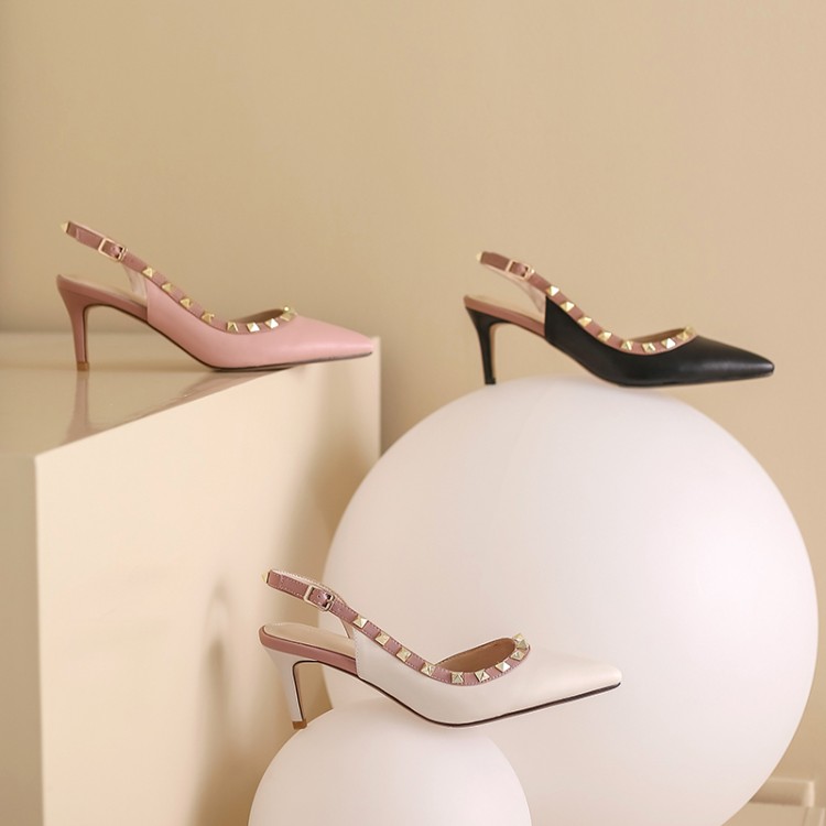 格瑞迪欧v家尖头铆钉一字带高跟鞋超高中跟绑带真皮凉鞋柳丁鞋伴娘婚