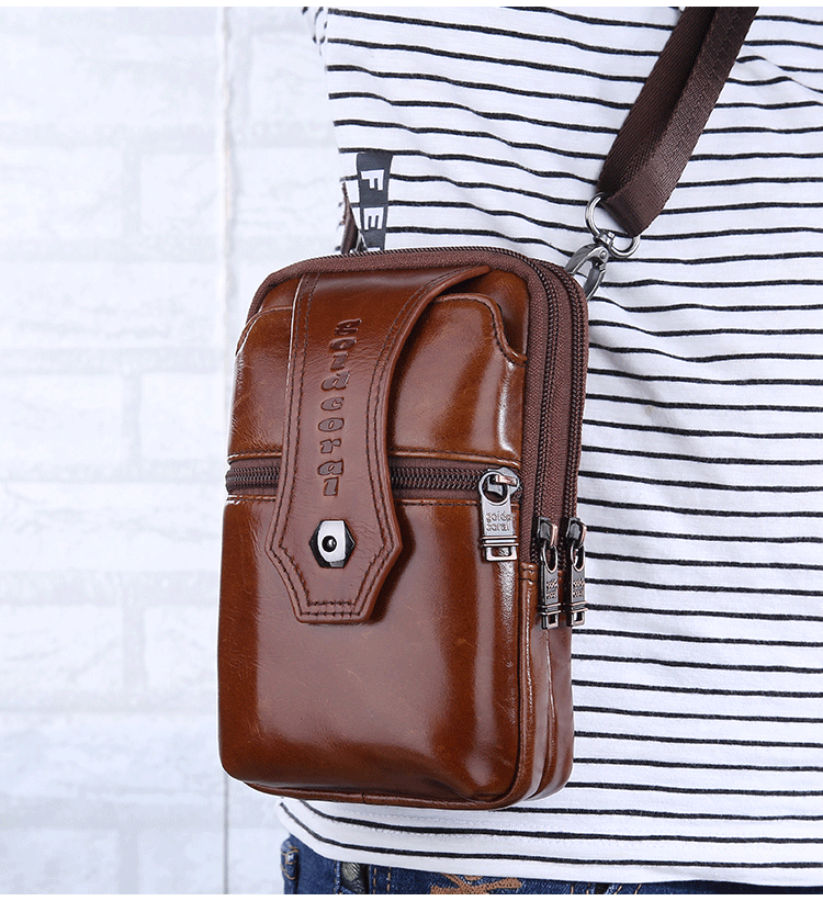 时尚男腰包多功能5寸6寸手机包竖款穿皮带双层小挂包