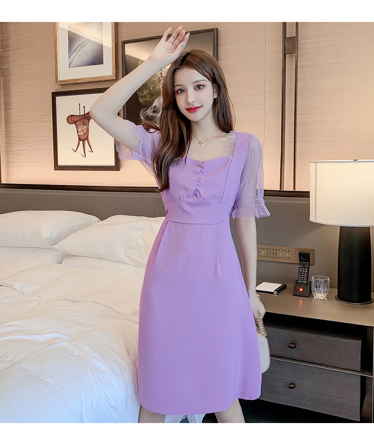 雪纺连裙女夏2020新款收腰显瘦气质网纱拼接泡泡袖方领桔梗裙子