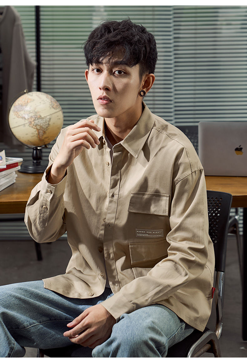 梵克公牛衬衫男长袖韩版流港风日系工装衬衣军绿色休闲痞帅宽松外套