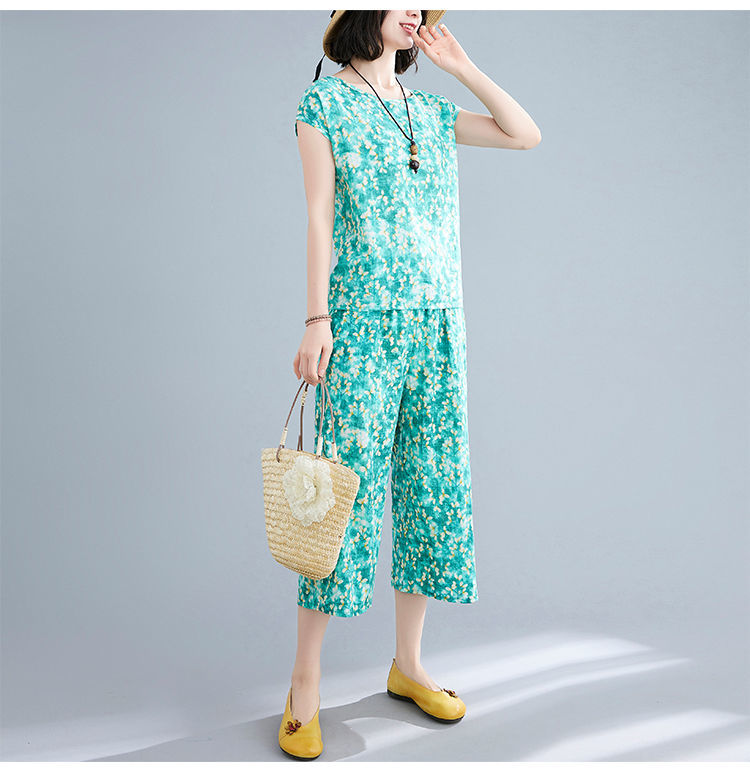 复古印花休闲棉绸套装女时尚外穿夏季人造棉睡衣短袖两件套家居服47号