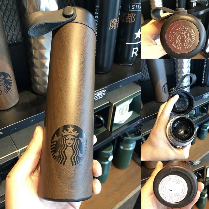 星巴克提绳木纹保温杯车载杯随行杯时尚情侣杯子304不锈钢带茶漏经典
