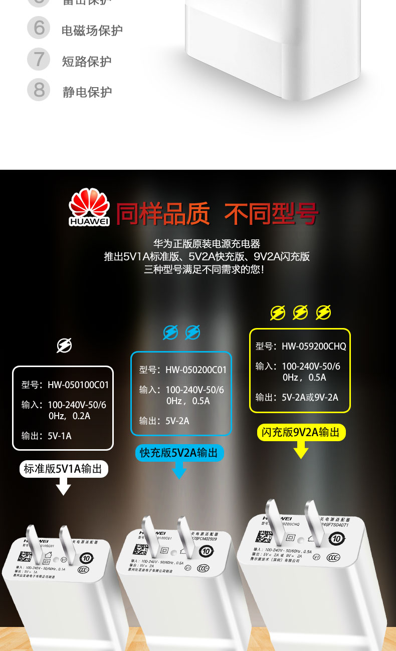 华为充电器原装快充mate8荣耀8x9i1020i畅享78普通版5v1a输出单独充电