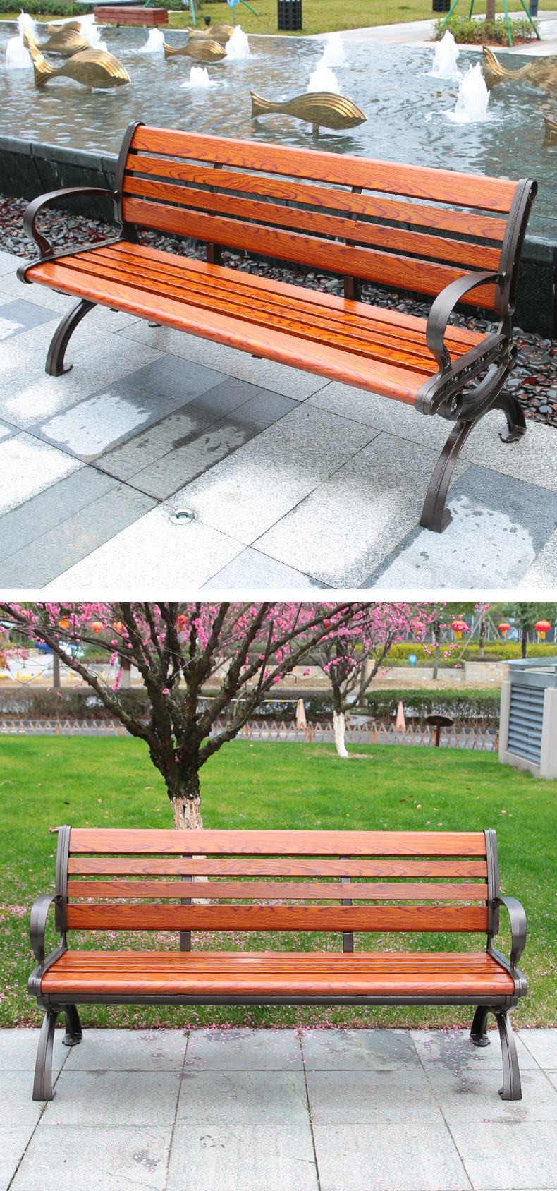 寻木匠公园椅户外长椅座椅休闲实木铁艺靠背椅庭院铸铝防腐木长条凳子