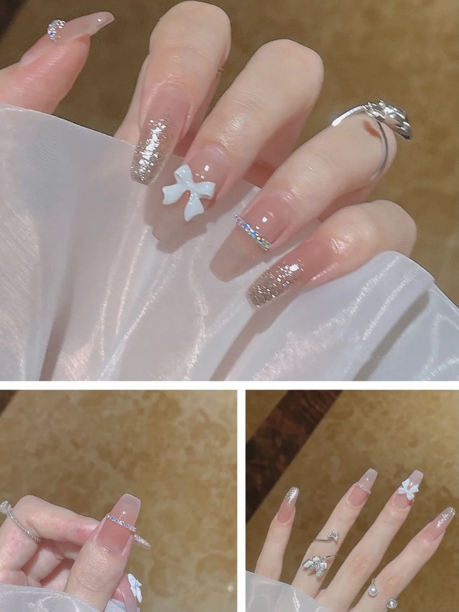 t形xs假指甲贴片简约气质风爆闪指尖渐变蝴蝶结款可拆卸手工穿戴甲