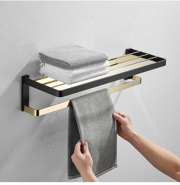 haoyangdao浴室全铜实心毛巾架子浴巾架北欧黑金色置物架轻奢风五金