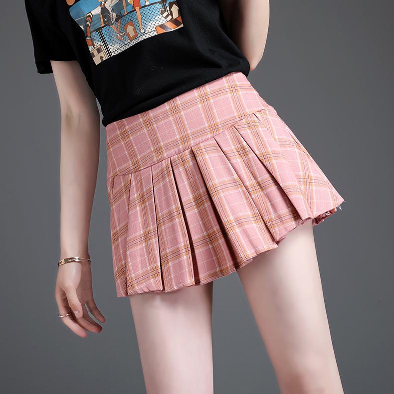 超短裙女格子百褶裙学生高腰迷你半身无安全裤内衬矮个子小裙子夏粉色