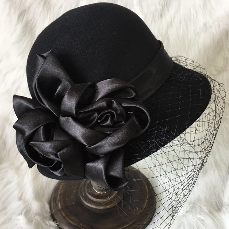 英伦贵族大花朵网纱礼帽秋冬天保暖盆帽女士优雅韩版羊毛呢毡帽子墨斗