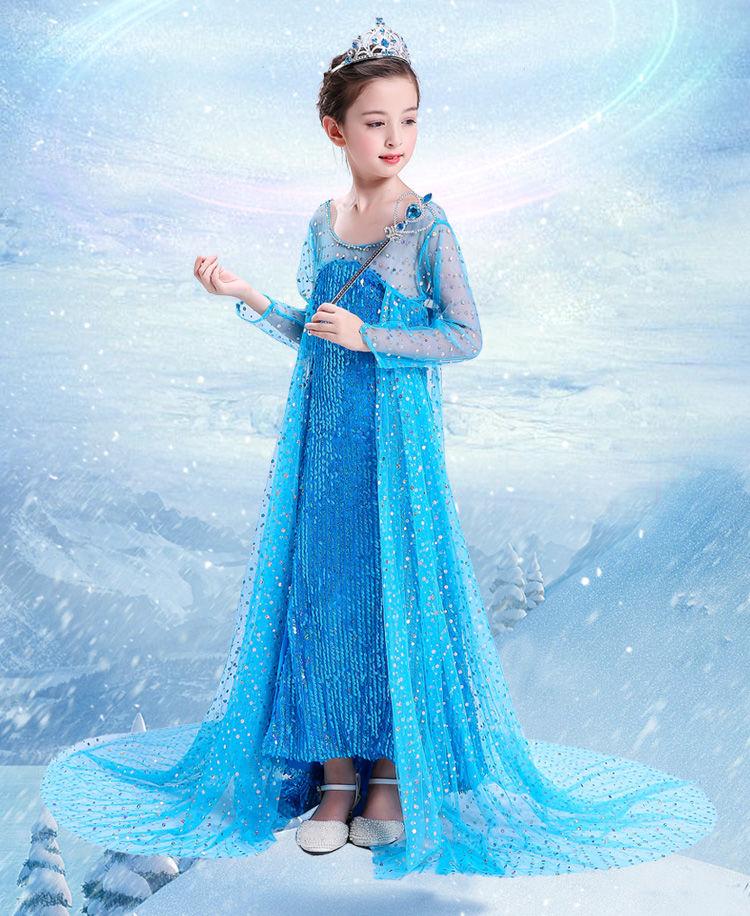 冰雪儿童公主裙奇缘爱沙女王女童连衣裙春秋款艾莎爱莎纱拖尾礼服蓝色