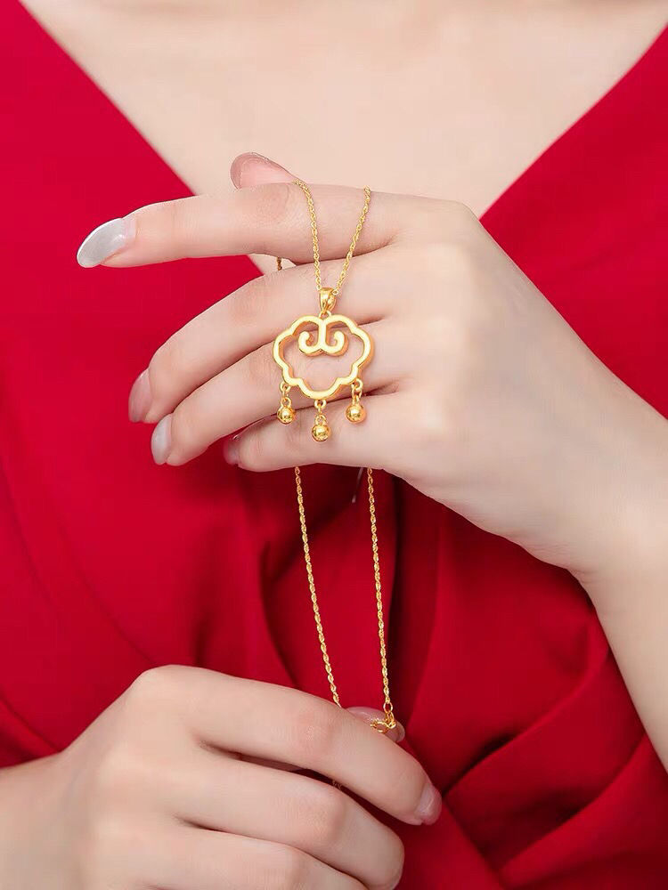 沙金首饰 古法祥云长命锁吊坠女 diy配件铃铛项链饰品 送礼物 祥云