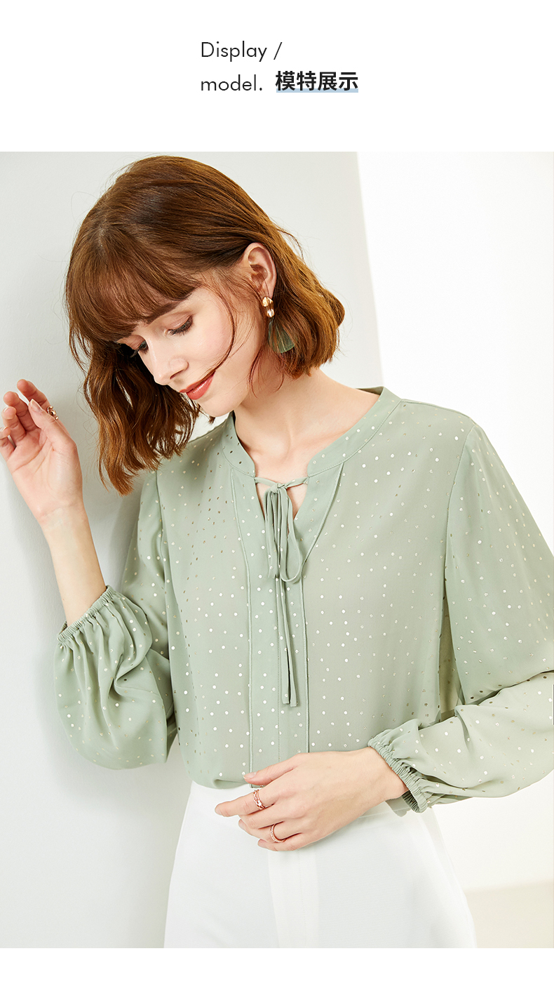 osa欧莎v领圆点雪纺衫灯笼袖女士小衫2020年新款春季时尚长袖上衣