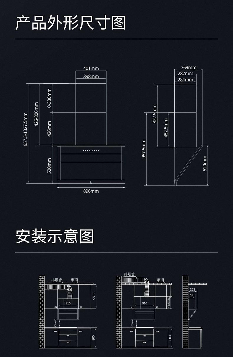 外形尺寸(長x寬x高):896*369*958毫米煙機安裝尺寸:900mm±50mm(煙機