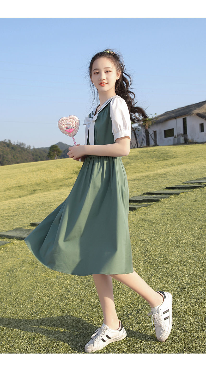 海军领jk裙海军风连衣裙初中生水手服少女高中2253款芥末绿连衣裙s