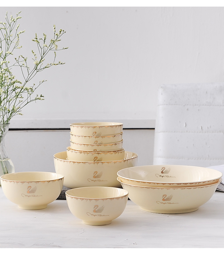 韩式黄金镶边碗家用组合陶瓷米饭碗欧式套碗餐具套装碗盘家用吃饭
