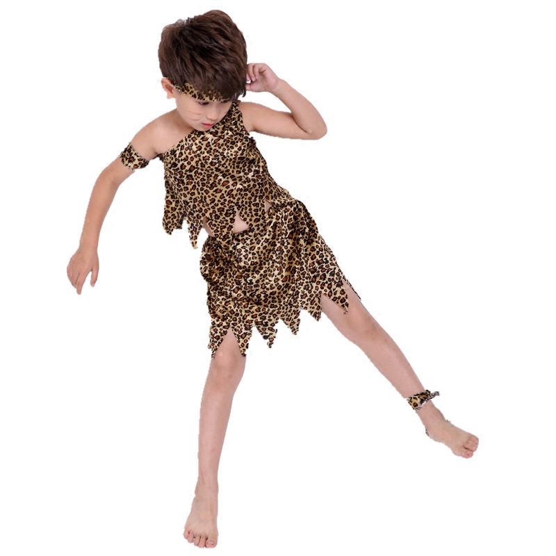 儿童野人演出服猎人印第安人表演服原始人非洲鼓幼儿园豹纹舞蹈服豹纹